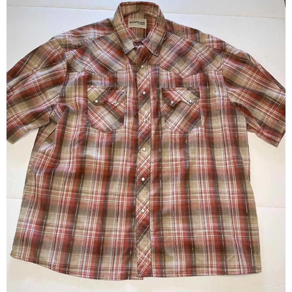Rustler By Wrangler Pearl Snap Shirt‎ Short Sleeve Metallic Plaid Size L